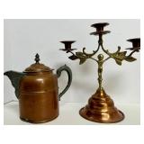 Vintage Copper & Brass PItcher and Art Nouveau Candelabra Mixed Lot