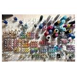 Assorted Thread Spools on Pegboard including T.S. Colour Art Silk