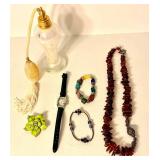 Mixed Jewelry Lot With Necklace, Watch, Brooch & Perfume Bottle
