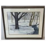 Framed Unsigned Watercolor Winter Landscape