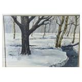 Framed Unsigned Watercolor Winter Landscape