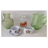 Frigidaire & Green Glass Pitchers & Strawberry Themed Glass Pieces