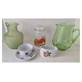 Frigidaire & Green Glass Pitchers & Strawberry Themed Glass Pieces