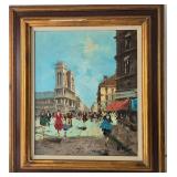 Vintage Parisian Street Scene Oil Painting on Canvas w/Ornate Frame