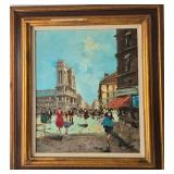 Vintage Parisian Street Scene Oil Painting on Canvas w/Ornate Frame