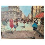 Vintage Parisian Street Scene Oil Painting on Canvas w/Ornate Frame