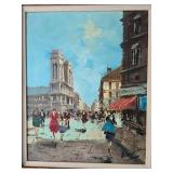 Vintage Parisian Street Scene Oil Painting on Canvas w/Ornate Frame