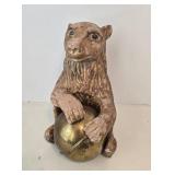 Vintage Ceramic Bear Sculpture Holding Brass Ball