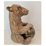 Vintage Ceramic Bear Sculpture Holding Brass Ball
