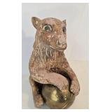 Vintage Ceramic Bear Sculpture Holding Brass Ball
