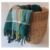 Vintage Wicker Basket With Tartan Wool Throw Blanket