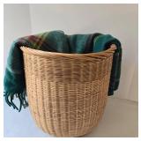 Vintage Wicker Basket With Tartan Wool Throw Blanket