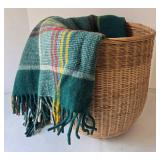 Vintage Wicker Basket With Tartan Wool Throw Blanket