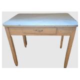 Vintage White Enamel Table With Wood Base 36 X 25 X 30 in
