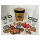 MCM Bar Memorabilia Lot With Uptown Minneapolis Glasses & Thermo Serv Gold Ice Bucket & Collectible Bar Coasters