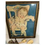 Vintage Baby Nursery Mixed Lot - Framed Print, Chatterduck Book & Doll Shoes