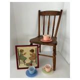 Mixed Childs Size Wooden Chair, Framed Print & 3 Cup/Saucer Sets