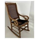 Rare Vintage Childs Size Wood Caned Rocking Chair With Floral Seat