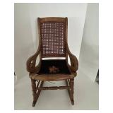 Rare Vintage Childs Size Wood Caned Rocking Chair With Floral Seat