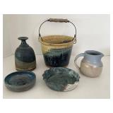 Studio Pottery Mixed Lot of 5 Vases, Pitcher, Bowl & Baskets most signed