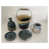 Studio Pottery Mixed Lot of 5 Vases, Pitcher, Bowl & Baskets most signed