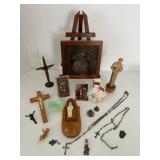 Catholic Religious Crucifixes, Rosaries & Figurines Mixed Lot including a sterling silver charm & Alpalca Silver Rosaries