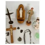 Catholic Religious Crucifixes, Rosaries & Figurines Mixed Lot including a sterling silver charm & Alpalca Silver Rosaries