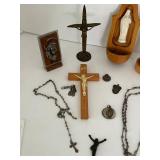 Catholic Religious Crucifixes, Rosaries & Figurines Mixed Lot including a sterling silver charm & Alpalca Silver Rosaries