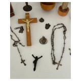 Catholic Religious Crucifixes, Rosaries & Figurines Mixed Lot including a sterling silver charm & Alpalca Silver Rosaries