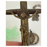 Catholic Religious Crucifixes, Rosaries & Figurines Mixed Lot including a sterling silver charm & Alpalca Silver Rosaries