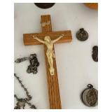 Catholic Religious Crucifixes, Rosaries & Figurines Mixed Lot including a sterling silver charm & Alpalca Silver Rosaries