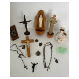 Catholic Religious Crucifixes, Rosaries & Figurines Mixed Lot including a sterling silver charm & Alpalca Silver Rosaries