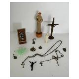 Catholic Religious Crucifixes, Rosaries & Figurines Mixed Lot including a sterling silver charm & Alpalca Silver Rosaries