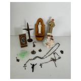 Catholic Religious Crucifixes, Rosaries & Figurines Mixed Lot including a sterling silver charm & Alpalca Silver Rosaries