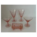 Pink Glass Stemware and Log Tray  (5 Pieces)