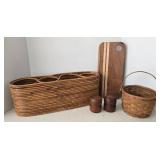 Mixed Lot: Longaberger Basket, Rattan Wine Rack, Wood Board & Shakers