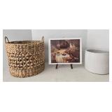 Mixed Lot: Monet Print, Woven Basket & Stoneware Crock