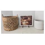 Mixed Lot: Monet Print, Woven Basket & Stoneware Crock