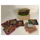 Fiber Arts Textile Patches & Woven Basket Mixed Lot- signed by the artist