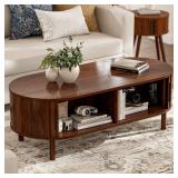 ZttRiee Oval Coffee Table, Cabinets - Walnut