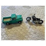 Green Chevy 1955 3100 Stepside Diecast Truck and Harley Davidson Motorcycle Model