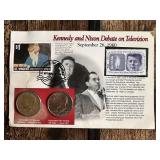 Kennedy and Nixon Debate Commemorative Set with Stamps and Coins includes two uncirculated 1977 Kennedy Half Dollars from the Philadelphia and Denver Mints