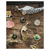 Variety of Vintage Jewelry, Collectibles and Hobby Items including Anacin Tin and Handcuffs