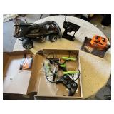 Green & Black Drone with Controller, Night Hunter Helicopter, and Flashtron RC Car with Remote - Untested