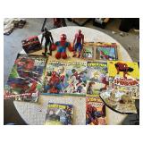 Spider-Man Toys and Books Collection featuring Action Figures, Comics, Coloring Books, and Activity Pads