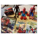 Spider-Man Toys and Books Collection featuring Action Figures, Comics, Coloring Books, and Activity Pads
