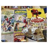 Spider-Man Toys and Books Collection featuring Action Figures, Comics, Coloring Books, and Activity Pads
