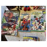 Spider-Man Toys and Books Collection featuring Action Figures, Comics, Coloring Books, and Activity Pads