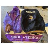 Minnesota Vikings Apparel Lot including Jackets, Scarf, and Bag - One Jacket M 10-12, 2 are XXL