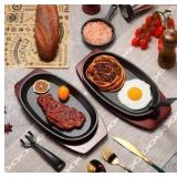 4 pc Oval Cast Iron Fajita Skillet Pan Set Small Sizzling Steak Plate with Wooden Base and Handle Cast Iron Fajita Skillet Sizzling Plate for Restaurant, BBQ, Wedding (9.5 in x 5.5 In)
